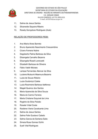 GOVERNO DO ESTADO DE SÃO PAULO
SECRETARIA DE ESTADO DA EDUCAÇÃO
DIRETORIA DE ENSINO - REGIÃO DE MIRANTE DO PARANAPANEMA
E.E. KOSUKE ENDO
RUA DO COMÉRCIO, s/nº TEL:3993-6131
E-mail: e032852a@see.sp.gov.br
11. Selma de Jesus Santos
12. Silvaneide Siqueira Ribeiro
13. Rosely Gonçalves Rodrigues (Aula)
RELAÇÃO DE PROFESSORES PEBII:
1. Ana Maria Alves Barreto
2. Bruno Aparecido Nascimento Crescembine
3. Cícero Ferreira Nobre
4. Dagoberto Palma Barbosa da Silva
5. Elisangela Carvalho Bezerra
6. Elisangela Roseli Lorenzetti
7. Elizabeth Barbosa de Oliveira
8. Fábio Valdir Moraes
9. Larissa Fernandes Alencar da Silva
10. Luciene Mutsumi Maemura Bezerra
11. Luzia de Souza Ribeiro
12. Luzia Guidorizzi Colete
13. Luzia Rosimeire Barbosa Idelfonso
14. Magali Queiroz dos Santos
15. Maria Aparecida da Silva Souza
16. Maria do Carmo Ferreira
17. Marta Cristiane Esquivel de Lima
18. Rogério da Silva Paixão
19. Roselei Vidal Costa
20. Rosilene Vieira Cavalcante Lima
21. Selma de Jesus Santos
22. Selma Felix Gustavo Calado
23. Selma Garcia de Santana Saito
24. Simeia Rosa Gomes Ochhi
25. Sueli Vital Rodrigues
 