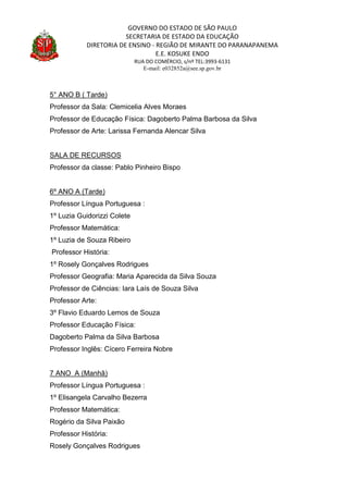 GOVERNO DO ESTADO DE SÃO PAULO
SECRETARIA DE ESTADO DA EDUCAÇÃO
DIRETORIA DE ENSINO - REGIÃO DE MIRANTE DO PARANAPANEMA
E.E. KOSUKE ENDO
RUA DO COMÉRCIO, s/nº TEL:3993-6131
E-mail: e032852a@see.sp.gov.br
5° ANO B ( Tarde)
Professor da Sala: Clemicelia Alves Moraes
Professor de Educação Física: Dagoberto Palma Barbosa da Silva
Professor de Arte: Larissa Fernanda Alencar Silva
SALA DE RECURSOS
Professor da classe: Pablo Pinheiro Bispo
6º ANO A (Tarde)
Professor Língua Portuguesa :
1º Luzia Guidorizzi Colete
Professor Matemática:
1º Luzia de Souza Ribeiro
Professor História:
1º Rosely Gonçalves Rodrigues
Professor Geografia: Maria Aparecida da Silva Souza
Professor de Ciências: Iara Laís de Souza Silva
Professor Arte:
3º Flavio Eduardo Lemos de Souza
Professor Educação Física:
Dagoberto Palma da Silva Barbosa
Professor Inglês: Cícero Ferreira Nobre
7 ANO A (Manhã)
Professor Língua Portuguesa :
1º Elisangela Carvalho Bezerra
Professor Matemática:
Rogério da Silva Paixão
Professor História:
Rosely Gonçalves Rodrigues
 
