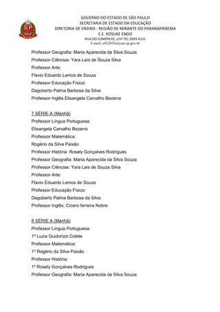 GOVERNO DO ESTADO DE SÃO PAULO
SECRETARIA DE ESTADO DA EDUCAÇÃO
DIRETORIA DE ENSINO - REGIÃO DE MIRANTE DO PARANAPANEMA
E.E. KOSUKE ENDO
RUA DO COMÉRCIO, s/nº TEL:3993-6131
E-mail: e032852a@see.sp.gov.br
Professor Geografia: Maria Aparecida da Silva Souza
Professor Ciências: Yara Laís de Souza Silva
Professor Arte:
Flavio Eduardo Lemos de Souza
Professor Educação Física:
Dagoberto Palma Barbosa da Silva
Professor Inglês Elisangela Carvalho Bezerra
7 SÉRIE A (Manhã)
Professor Língua Portuguesa:
Elisangela Carvalho Bezerra
Professor Matemática:
Rogério da Silva Paixão
Professor História: Rosely Gonçalves Rodrigues
Professor Geografia: Maria Aparecida da Silva Souza
Professor Ciências: Yara Lais de Souza Silva
Professor Arte:
Flavio Eduardo Lemos de Souza
Professor Educação Física:
Dagoberto Palma Barbosa da Silva
Professor Inglês: Cícero ferreira Nobre
8 SÉRIE A (Manhã)
Professor Língua Portuguesa:
1º Luzia Guidorizzi Colete
Professor Matemática:
1º Rogério da Silva Paixão
Professor História:
1º Rosely Gonçalves Rodrigues
Professor Geografia: Maria Aparecida da Silva Souza
 