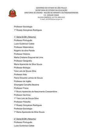 GOVERNO DO ESTADO DE SÃO PAULO
SECRETARIA DE ESTADO DA EDUCAÇÃO
DIRETORIA DE ENSINO - REGIÃO DE MIRANTE DO PARANAPANEMA
E.E. KOSUKE ENDO
RUA DO COMÉRCIO, s/nº TEL:3993-6131
E-mail: e032852a@see.sp.gov.br
Professor Sociologia:
1º Rosely Gonçalves Rodrigues
1° Serie B EM ( Noturno)
Professor Português:
Luzia Guidorizzi Colete
Professor Matemática:
Rogério da silva Paixão
Professor Historia:
Marta Cristiane Esquivel de Lima
Professor Geografia:
Maria Aparecida da Silva Souza
Professor Biologia:
Yara Laís de Souza Silva
Professor Arte:
Flavio Eduardo Lemos de Souza
Professor de Inglês:
Elisangela Carvalho Bezerra
Professor Física:
1º Bruno Aparecido do Nascimento Crescembine
Professor Química:
1º Yara Laís de Souza Silva
Professor Filosofia:
1º Rosely Gonçalves Rodrigues
Professor Sociologia:
1º Maria Aparecida da Silva Souza
2° Serie B EM ( Noturno)
Professor Português:
Luzia Guidorizzi Colete
 