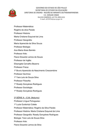 GOVERNO DO ESTADO DE SÃO PAULO
SECRETARIA DE ESTADO DA EDUCAÇÃO
DIRETORIA DE ENSINO - REGIÃO DE MIRANTE DO PARANAPANEMA
E.E. KOSUKE ENDO
RUA DO COMÉRCIO, s/nº TEL:3993-6131
E-mail: e032852a@see.sp.gov.br
Professor Matemática:
Rogério da silva Paixão
Professor Historia:
Marta Cristiane Esquivel de Lima
Professor Geografia:
Maria Aparecida da Silva Souza
Professor Biologia:
Ana Maria Alves Barreto
Professor Arte:
Flavio Eduardo Lemos de Souza
Professor de Inglês:
Elisangela Carvalho Bezerra
Professor Física:
1º Bruno Aparecido do Nascimento Crescembine
Professor Química:
1º Yara Laís de Souza Silva
Professor Filosofia:
1º Rosely Gonçalves Rodrigues
Professor Sociologia:
1º Rosely Gonçalves Rodrigues
3ª SÉRIE A – E.M. (Noturno)
Professor Língua Portuguesa :
1º Luzia Guidorizzi Colete
Professor Matemática: Rogério da Silva Paixão
Professor História: Marta Cristiane Esquivel de Lima
Professor Geografia: Rosely Gonçalves Rodrigues
Biologia: Yara Laís de Souza Silva
Professor Arte:
Flavio Eduardo Lemos da Silva
 