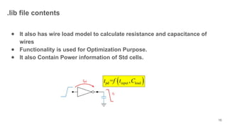 ● It also has wire load model to calculate resistance and capacitance of
wires
● Functionality is used for Optimization Purpose.
● It also Contain Power information of Std cells.
16
.lib file contents
 