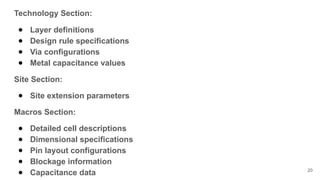 Technology Section:
● Layer definitions
● Design rule specifications
● Via configurations
● Metal capacitance values
Site Section:
● Site extension parameters
Macros Section:
● Detailed cell descriptions
● Dimensional specifications
● Pin layout configurations
● Blockage information
● Capacitance data 20
 