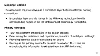 Mapping Function
The associated map file serves as a translation layer between different naming
conventions:
● It correlates layer and via names in the Milkyway technology file with
corresponding names in the ITF (Interconnect Technology Format) file
Primary Functions
● TLU+ files perform critical tasks in the design process:
● Determining the resistance and capacitance parasitics of metal per unit length
● Providing essential data for calculating net delays
● Serving as the primary source for parasitic data (when TLU+ files are
unavailable, this information is extracted from the .ITF file instead)
25
 