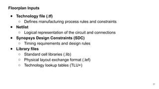 Floorplan Inputs
● Technology file (.tf)
○ Defines manufacturing process rules and constraints
● Netlist
○ Logical representation of the circuit and connections
● Synopsys Design Constraints (SDC)
○ Timing requirements and design rules
● Library files
○ Standard cell libraries (.lib)
○ Physical layout exchange format (.lef)
○ Technology lookup tables (TLU+)
31
 