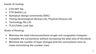 Inputs of routing:
● CTS DEF file
● CTS Netlist (.v)
● Synopsys design constraints (SDC)
● Timing library/logical library(.Lib), Physical library(.Lef)
● Technology file (.tf)
● TLU+(Table Look Up)
Goals of Routing:
● Minimize the total interconnect/wire length and congestion hotspots.
● Complete the connections without increasing the total area of the block.
● Minimize the number of layer changes that the connections have to
make (minimizing the number vias).
41
 