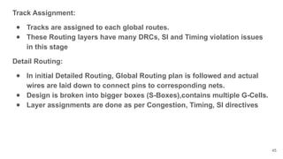 Track Assignment:
● Tracks are assigned to each global routes.
● These Routing layers have many DRCs, SI and Timing violation issues
in this stage
Detail Routing:
● In initial Detailed Routing, Global Routing plan is followed and actual
wires are laid down to connect pins to corresponding nets.
● Design is broken into bigger boxes (S-Boxes),contains multiple G-Cells.
● Layer assignments are done as per Congestion, Timing, SI directives
45
 