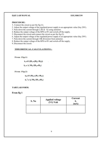 E&E LAB MANUAL EEE,MRCEW 
PROCEDURE: 
1. Connect the circuit as per the fig (1). 
2. Adjust the output voltage of the regulated power supply to an appropriate value (Say 20V). 
3. Note down the current through 2.2K Ω by using ammeter. 
4. Reduce the output voltage of the RPS to 0V and switch-off the supply. 
5. Disconnect the circuit and connect the circuit as per the fig (2). 
6. Adjust the output voltage of the regulated power supply to an appropriate value (Say 20V). 
7. Note down the current through 10K Ω resistor from ammeter. 
8. Reduce the output voltage of the RPS to 0V and switch-off the supply. 
9. Disconnect the circuit. 
TABULAR FORM: 
From fig 1 
Applied voltage 
Current 
S. No IL 
(V1) Volt 
(mA) 
9 
 