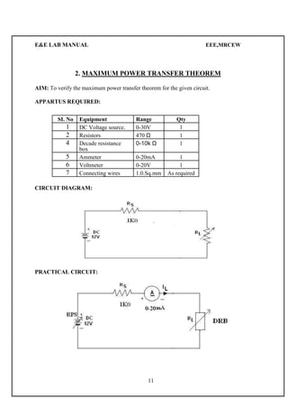 E&E LAB MANUAL EEE,MRCEW 
2. MAXIMUM POWER TRANSFER THEOREM 
AIM: To verify the maximum power transfer theorem for the given circuit. 
APPARTUS REQUIRED: 
SI. No Equipment Range Qty 
1 DC Voltage source. 0-30V 1 
2 Resistors 470 Ω 1 
4 Decade resistance 0-10k Ω 1 
box 
5 Ammeter 0-20mA 1 
6 Voltmeter 0-20V 1 
7 Connecting wires 1.0.Sq.mm As required 
CIRCUIT DIAGRAM: 
PRACTICAL CIRCUIT: 
11 
 