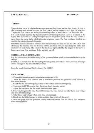 E&E LAB MANUAL EEE,MRCEW 
THEORY: 
Magnetization curve is relation between the magnetizing forces and the flux density B. this is 
also expressed as a relation between the field current and the induced e.m.f , in a D.C machine. 
Varying the field current and noting cor responding values of induced e.m.f can determine this. 
For a self-excited machine the theoretical shape of the magnetization Curve is as shown in the 
figure. The induced e.m.f corresponding to residual magnetism exists when the field current is 
zero. Hence the curve starts, a little above the origin on y-axis. The field resistance line Rsh is a 
straight-line passing through the origin. 
If field resistance is increased so much that the resistance line does not cut the OCC at all then 
obviously the machine will fail to exite .If the resistance line just lies along the slope, then 
machine will just excite. The value of the resistance represented by the tangent to the curve is 
known as critical field resistance Rc for a given speed. 
CRITICAL FIELD RESISTANCE: 
It is the resistance of the field winding of the generator below which generator fail to build up the 
voltage. 
First OCC is plotted from the the readings then tangent is drawn to its initial position .The slope 
of this curve gives the critical field resistance. 
From the graph the critical field resistance Rc=AB/BC. 
PROCEDURE: 
1. Connect the circuit as per the circuit diagram shown in fig. 
2. Keep the motor field rheostat Rsh at minimum position and generator field rheostat at 
maximum position. 
3. Check that the belt on the pulley is free so that there is no load on the pulley. 
4. Switch on the DPST swatch. Start the motor slowly by using starter. 
5. Adjust the current so that the motor runs at its rated speed. 
6. Now vary the generator field rheostat to increase the field current and take the no load voltage 
and field current readings. 
7. Take the no load voltage values until field gets saturated. 
8. Finally set the field rheostats to initial positions then switch off the supply. 
9. Draw the graph between generated voltage and field current. Find the critical field resistance 
from the tangent line. 
21 
 