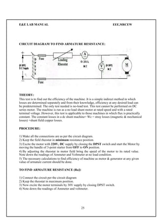 E&E LAB MANUAL EEE,MRCEW 
CIRCUIT DIAGRAM TO FIND ARMATURE RESISTANCE: 
THEORY: 
This test is to find out the efficiency of the machine .It is a simple indirect method in which 
losses are determined separately and from their knowledge, efficiency at any desired load can 
be predetermined. The only test needed is no-load test. This test cannot be performed on DC 
series motor. The machine is run as a no load shunt motor at rated speed and with a rated 
terminal voltage .However, this test is applicable to those machines in which flux is practically 
constant. The constant losses in a dc shunt machine= Wc = stray losses (magnetic & mechanical 
losses) +shunt field copper losses. 
PROCEDURE: 
1) Make all the connections are as per the circuit diagram. 
2) Keep the field rheostat in minimum resistance position. 
3) Excite the motor with 220V, DC supply by closing the DPST switch and start the Motor by 
moving the handle of 3-point starter from OFF to ON position. 
4) By adjusting the rheostat in motor field bring the speed of the motor to its rated value. 
Note down the readings of Ammeter and Voltmeter at no load condition. 
5) The necessary calculations to find efficiency of machine as motor & generator at any given 
value of armature current should be done. 
TO FIND ARMATURE RESISTANCE (Ra): 
1) Connect the circuit per the circuit diagram 
2) Keep the rheostat in maximum position. 
3) Now excite the motor terminals by 30V supply by closing DPST switch. 
4) Note down the readings of Ammeter and voltmeter. 
25 
 