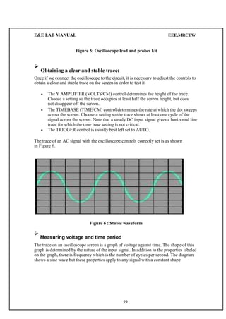 E&E LAB MANUAL EEE,MRCEW 
Figure 5: Oscilloscope lead and probes kit 
 
Obtaining a clear and stable trace: 
Once if we connect the oscilloscope to the circuit, it is necessary to adjust the controls to 
obtain a clear and stable trace on the screen in order to test it. 
 The Y AMPLIFIER (VOLTS/CM) control determines the height of the trace. 
Choose a setting so the trace occupies at least half the screen height, but does 
not disappear off the screen.  
 
 The TIMEBASE (TIME/CM) control determines the rate at which the dot sweeps 
across the screen. Choose a setting so the trace shows at least one cycle of the 
signal across the screen. Note that a steady DC input signal gives a horizontal line 
trace  for which the time base setting is not critical.  
 The TRIGGER control is usually best left set to AUTO.  
The trace of an AC signal with the oscilloscope controls correctly set is as shown 
in Figure 6. 
Figure 6 : Stable waveform 
 
Measuring voltage and time period 
The trace on an oscilloscope screen is a graph of voltage against time. The shape of this 
graph is determined by the nature of the input signal. In addition to the properties labeled 
on the graph, there is frequency which is the number of cycles per second. The diagram 
shows a sine wave but these properties apply to any signal with a constant shape 
59 
 