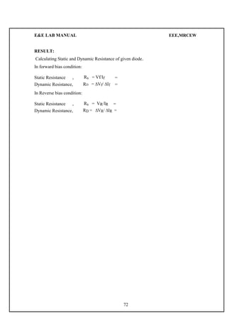 E&E LAB MANUAL EEE,MRCEW 
RESULT: 
Calculating Static and Dynamic Resistance of given diode. 
In forward bias condition: 
Static Resistance , Rs = Vf/If = 
Dynamic Resistance, RD = ΔVf/ ΔIf = 
In Reverse bias condition: 
Static Resistance , Rs = VR/IR = 
Dynamic Resistance, RD = ΔVR/ ΔIR = 
72 
 