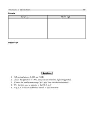 Determination of C.O.D. In Water 123
Results
Discussion
Questions
1. Differentiate between B.O.D. and C.O.D.
2. Discuss the application of C.O.D. analysis in environmental engineering practice.
3. What are the interferences during C.O.D. test? How this can be eliminated?
4. Why ferroin is used as indicator in the C.O.D. test?
5. Why 0.25 N standard dichromate solution is used in the test?
Sample no. C.O.D. in mg/L
 