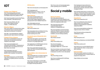 54 • Educación • Transformación Digital
http://tambiensomosasi.es/tenemos-
casi-300-000-usuarios-entre-espana-y-
latinoamerica-gonzalo-zamacola-content-
manager-de-floqq/
http://noticias.lainformacion.com/economia-
negocios-y-finanzas/la-startup-espanola-que-
ha-llegado-a-silicon-valley-vendiendo-cursos-
por-internet_nvKLQIIQjOXTmHF61SSor5/
ClassOnLive
https://www.classonlive.com/
http://www.elreferente.es/tecnologicos/
sergio-puertas-emin-koksal-elia-
barahona-emprendedores-fundadores-
classonlive-28223
http://www.emprendedores.es/ideas-de-
negocio/cursos-online-en-directo
http://formaciononline.eu/classonlive-
marketplace-cursos/
Prozo
http://www.prozo.com/
http://www.entrepreneur.com/article/250390
Udemy
https://www.udemy.com/
http://techcrunch.com/2015/06/02/udemy-
raises-another-65-million-to-help-anyone-
learn-anything/
Educomunitats
http://www.ship2b.org/educomunitats-y-a-
mi-ritmo-ganadores-de-un-acceso-directo-al-
programa-b-ready-2015/
https://twitter.com/comunitats
http://www.cnet.com/news/google-glass-
enters-operating-room-at-stanford/
Social y mobile
Sharing Academy
http://www.eleconomista.es/
CanalPDA/2015/58140/la-plataforma-de-
clases-particulares-sharing-academy-quiere-
reducir-los-suspensos-este-curso/
http://www.elmundo.es/eco-
nomia/2015/06/13/557c-
3428ca4741294e8b4585.html
http://www.genbeta.com/herramientas/
queremos-mejorar-el-sistema-educativo-
empezando-por-el-espanol-jordi-llonch-
fundador-y-ceo-de-sharing-academy
Red EuLES
http://eules.unizar.es/
Tutellus
https://www.tutellus.com/
http://economia.elpais.
com/economia/2015/07/10/
actualidad/1436521761_125197.html
http://www.ticbeat.com/educacion/miguel-
caballero-tutellus-nuestro-objetivo-es-llevar-
la-educacion-al-ultimo-rincon-del-planeta/
Floqq
http://www.floqq.com/es/
http://www.smartblog.es/2014/04/floqq-
plataforma-ensena/
3D Educativo
http://www.3d-educativo.com/empresa.html
http://cadenaser.com/
programa/2015/12/17/hora_14_fin_de_
semana/1450363151_721581.html
Mare Nostrum
http://www.ceutaactualidad.com/
articulo/educacion/mare-nostrum-
mete-europa-maleta-celebracion-simo-
educacion/20151027125832015420.html
http://elfarodigital.es/ceuta/
educacion/173552-europa-bajo-la-lupa.html#
Tone Tree
http://www.tonetree.com/
http://www.bizjournals.com/albany/morning_
call/2015/05/this-troy-startup-can-turn-
almost-anything-into-a.html
Asociación para el Desarrollo de la
Logística
http://www.adl-logistica.org/noticias/189/
noticia-de-actualidad-espana-pionera-en-
formacion-con-google-glass.aspx
http://gglassday.com/2633/espana-pionera-
en-formacion-con-google-glass/
http://www.americalearningmedia.com/
edicion-027/304-innovacion/5004-google-
glass-educacion
Centro Médico de la Universidad de
Stanford
http://mobihealthnews.com/35341/stanford-
university-trains-surgical-residents-with-
google-glass
http://www.imedicalapps.com/2015/06/
google-glass-and-gopro-used-at-stanford-
for-surgical-training-education/#
IOT
Colegio Liceu Politècnic
http://www.lavanguardia.com/local/
terrassa/20150305/54428756197/escuela-
rubi-fablab-europa-liceu-politecnic.html
http://www.liceupolitecnic.es/content/Paper_
Paulo_Blinkstein_FabLabSchool.pdf
http://www.ara.cat/tema_del_dia/
Nancy-Otero-Miquel-Carreras-
Fablab_0_1387661282.html
Alhambra Mágica
http://www.xataka.com/otros/cultura-maker-
e-impresoras-3d-en-el-aula-de-primaria-
diego-garcia-profesores-innovadores
http://tlif4. e.guru/bienestar/los-colegios-
espanoles-que-mejor-ensenan-tecnologia/
Colegio El Turó y Entresd
http://www.sociedaddelainnovacion.es/
itworld-edu-innovaciones-educativas-
mediante-la-tecnologia/
http://www.imprimalia3d.com/
noticias/2016/04/26/006111/estudiantes-6-
primaria-crean-una-impresora-3d-una-pr-
tesis-mano-una-compa
http://tuotrodiario.hola.com/
protagonistas/2016042562318/mariam-
estrena-mano-impresion-3d-barcelona/
MakerBot
http://3dprintingindustry.com/2014/02/06/
makerbot-now-getting-serious-3d-printing-
education/
 