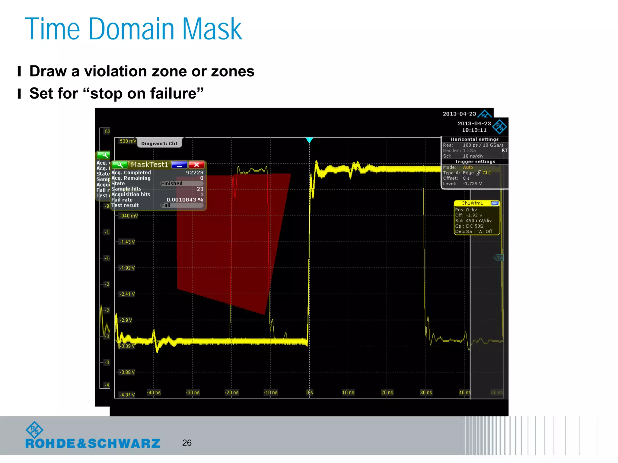 26
Time Domain Mask
l Draw a violation zone or zones
l Set for “stop on failure”
 