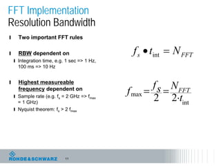 11
FFT Implementation
Resolution Bandwidth
l Two important FFT rules
l RBW dependent on
l Integration time, e.g. 1 sec => 1 Hz,
100 ms => 10 Hz
l Highest measureable
frequency dependent on
l Sample rate (e.g. fs = 2 GHz => fmax
= 1 GHz)
l Nyquist theorem: fs > 2 fmax
int
max
22 t
Nsf
f FFT
⋅
==
FFTs Ntf =• int
 