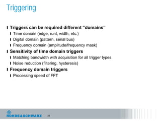 25
Triggering
l Triggers can be required different “domains”
l Time domain (edge, runt, width, etc.)
l Digital domain (pattern, serial bus)
l Frequency domain (amplitude/frequency mask)
l Sensitivity of time domain triggers
l Matching bandwidth with acquisition for all trigger types
l Noise reduction (filtering, hysteresis)
l Frequency domain triggers
l Processing speed of FFT
 