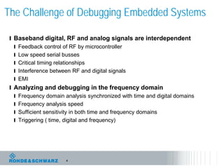 4
The Challenge of Debugging Embedded Systems
l Baseband digital, RF and analog signals are interdependent
l Feedback control of RF by microcontroller
l Low speed serial busses
l Critical timing relationships
l Interference between RF and digital signals
l EMI
l Analyzing and debugging in the frequency domain
l Frequency domain analysis synchronized with time and digital domains
l Frequency analysis speed
l Sufficient sensitivity in both time and frequency domains
l Triggering ( time, digital and frequency)
 