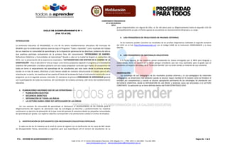 COMPONENTE PEDAGÓGICO 
IE LA MILAGROSA 
2014 
PTA – INFORME DE ACOMPAÑAMIENTO Nº 1 Página No. 1 de 6 
Calle 43 No. 57-14 Centro Administrativo Nacional, CAN, Bogotá, D.C. – PBX: (057) (1) 222 2800 - Fax 222 4953 
www.mineducacion.gov.co – atencionalciudadano@mineducacion.gov.co 
CICLO DE ACOMPAÑAMIENTO Nº 1 
(Feb 12 al 26) 
INTRODUCCIÓN 
La Institución Educativa LA MILAGROSA, es uno de los tantos establecimientos educativos del municipio de Medellín que ha evidenciado óptimos avances bajo el Programa “Todos a Aprender” como resultado del trabajo de sus maestras en comunidad de aprendizaje y de la disposición generosa de las directivas; evidencia de ello es que pudimos participar activamente de la primera feria del conocimiento “INTERCAMBIO DE SABERES: Reflexiones Didácticas y Comunidades de Aprendizaje” llevada a cabo en la ciudad de Bogotá en septiembre de 2013, con la presentación de la experiencia inspiradora “LECTOESCRITURA CON SENTIDO EN EL CAMINO DE LA SIGNIFICACIÓN”. Para el año 2014 el reto es mayor y nos hemos propuesto expandir el programa a la totalidad de maestros del preescolar y la básica primaria con una nueva propuesta curricular que implica el compromiso de todos en torno al mejoramiento del aprendizaje de los estudiantes; por esta razón desde la primera semana escolar en el mes de enero, directivas y tutor hemos estado en contacto estructurando el trabajo para el año, mientras por su parte, las maestras se han puesto al frente de la planeación bajo el instrumento construido con el programa; ya en la segunda semana, miércoles 15 realizamos la primera COMUNIDAD DE APRENDIZAJE general con la participación de todas las maestras, del coordinador de la básica primaria y del rector del establecimiento educativo. 
1. PLANEACIONES HACIENDO USO DE LAS ESTRATEGIAS: 
 PLANEACIÓN COLECTIVA 
 SECUENCIA DIDÁCTICA 
 INTEGRACIÓN DE TODAS LAS ÁREAS 
 LA LECTURA DIARIA COMO EJE ARTICULADOR DE LAS ÁREAS 
Las tres sesiones de comunidad de aprendizaje se destinaron al reconocimiento de los criterios para el diligenciamiento del registro de planeación bajo las estrategias ya descritas y posteriormente las maestras continuaron su ejercicio de planeación de lo que resta del periodo (4 semanas) desde las pequeñas comunidades de aprendizaje por grados. Los registros adjuntos corresponden a las planeaciones subidas al archivo de dropbox. 
2. IDENTIFICACIÓN DE ESTUDIANTES CON NECESIDADES EDUCATIVAS ESPECIALES 
A cada una de las 24 maestras se le envió al correo el registro con la clasificación de los casos de NEE desde las discapacidades físicas, sensoriales y cognitivas para que especifiquen allí el número de estudiantes de su grupo diagnosticados con alguna de ellas; se les dio plazo para su diligenciamiento hasta el segundo ciclo de acompañamiento ya que a la fecha apenas se encuentran en reconocimiento del grupo a su cargo. 
3. USO PEDAGÓGICO DE RESULTADOS DE PRUEBAS EXTERNAS 
Ya las maestras pueden consultar los resultados de las pruebas diagnósticas realizadas el segundo semestre del 2013 en el link http://todosaaprender.co/ con el código DANE de la institución 105001000418 y la clave 906790. 
4. USO PEDAGÓGICO DE MATERIALES EDUCATIVOS 
A la fecha algunos de los maestros vienen empleando los textos entregados por el MEN para lenguaje y matemáticas, otros en cambio no lo hacen porque consideran que son muy avanzados para el grado que se presentan; al respecto los textos de la “Colección Semilla” aún no están siendo un material de uso constante. 
OBSERVACIÓN 
Las estrategia de uso pedagógico de los resultados pruebas externas y el uso pedagógico de materiales pedagógicos, se dinamizará más adelante cuando se alcance mayor claridad en la manera como se fortalece el enfoque por competencias y cuando se alcance apropiación pertinente de las estrategias de planeación por SECUENCIA DIDÁCTICA, desde la INTEGRACIÓN DE LAS ÁREAS y teniendo como eje articulador a la LECTURA CONSTANTE. Su aplicación ya se tiene definida dentro del PLAN ESTRATÉGICO 2014. 
 
