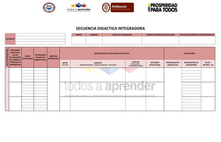 SECUENCIA DIDACTICA INTEGRADORA
DOCENTES
GRADO PERIODO FECHA DE PLANEACIÓN TIEMPO ESTIMADO DE EJECUCIÓN SECUENCIA DIDÁCTICA INTEGRADORA Nº
EJE DE INTEGRACIÓN NECESIDAD ESPECÍFICA DE LOS ESTUDIANTES EN TORNO AL PROCESO DE APRENDIZAJE ÁREAS INTEGRADAS ESTÁNDARES BÁSICOS DE COMPETENCIA OBJETIVO APRENDIZAJE METODOLOGÍA EN SECUENCIA DIDÁCTICA EVALUACIÓN ANTES (LECTURA) DURANTE (PROBLEMATIZACIÓN – CONCEPTUALIZACIÓN – APLICACIÓN) DESPUÉS (PRODUCCIÓN - RETROALIMENTACIÓN) RECURSOS EDUCATIVOS PRERREQUISITO CONCEPTUAL INDICADORES DE DESEMPEÑO AUTO – HÉTERO - CO