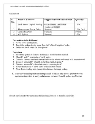 14
Electrical and Electronic Measurements Laboratory (2020309)
Requirement
Result: Earth Tester for earth resistance measurement is done Successfully.
 
