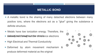 METALLIC BOND
 A metallic bond is the sharing of many detached electrons between many
positive ions, where the electrons act as a "glue" giving the substance a
definite structure.
 Metals have low ionization energy. Therefore, the valence electrons can be
delocalized throughout the metals.
5
 Loosely held small number of valence electrons
 High Electrical and Thermal Conductivity
 Deformed by atom movement mechanism &
produce deformed material as the original
 