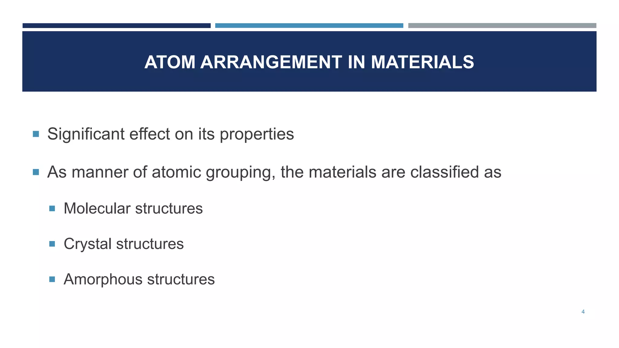 ATOM ARRANGEMENT IN MATERIALS
Significant effect on its properties
As manner of atomic grouping, the materials are classified as
Molecular structures
Crystal structures
Amorphous structures
4