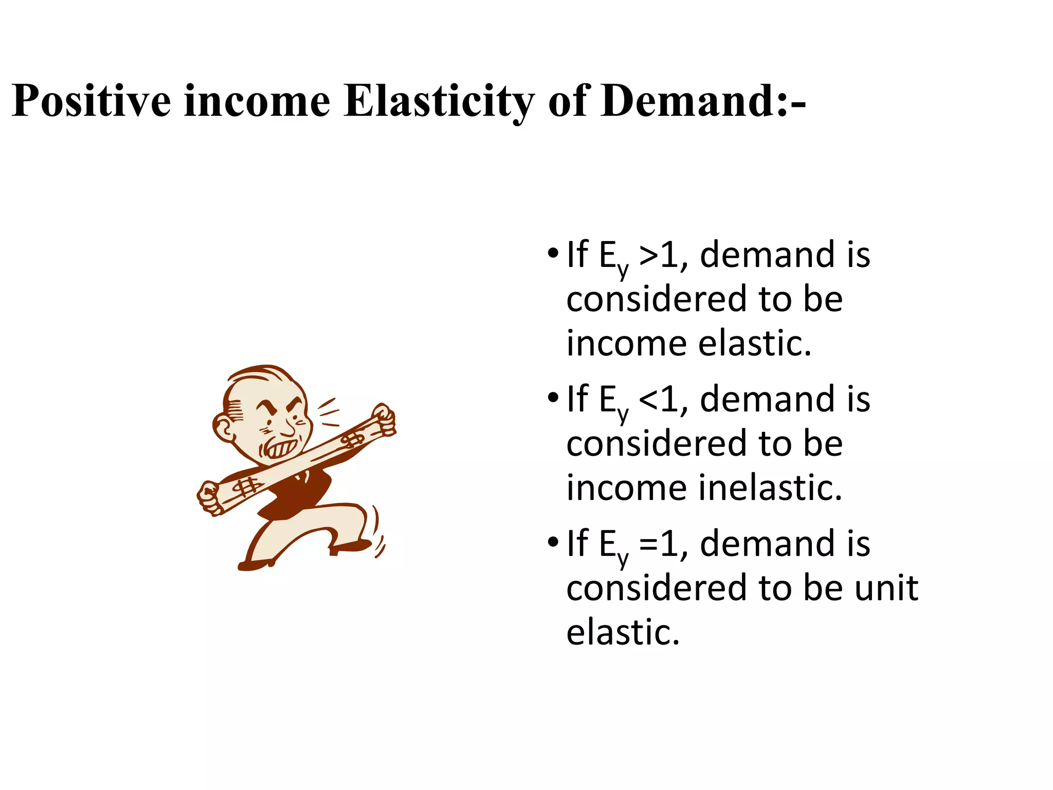 Positive income Elasticity of Demand:-
•If Ey >1, demand is
considered to be
income elastic.
•If Ey <1, demand is
considered to be
income inelastic.
•If Ey =1, demand is
considered to be unit
elastic.
 