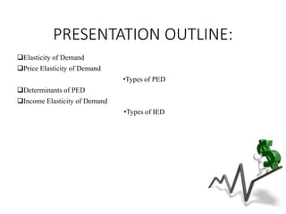 PRESENTATION OUTLINE:
Elasticity of Demand
Price Elasticity of Demand
•Types of PED
Determinants of PED
Income Elasticity of Demand
•Types of IED
 