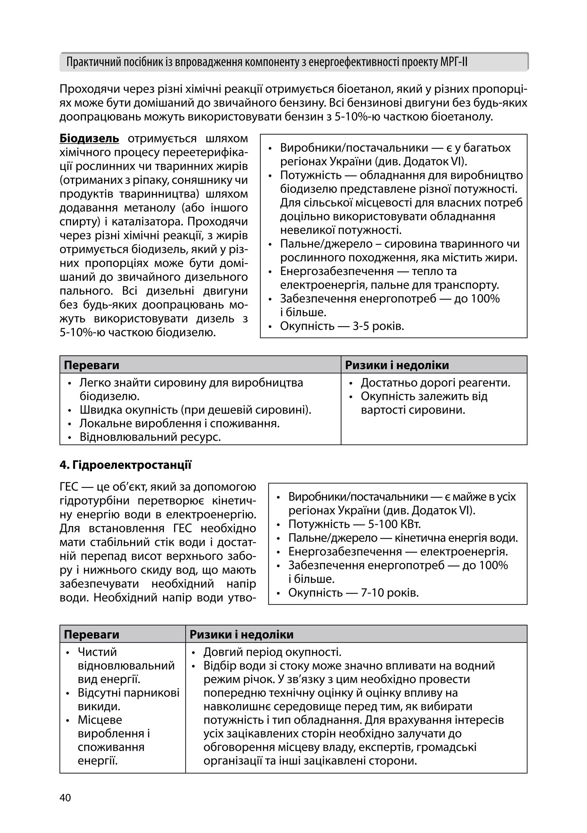 40
Практичний посібник із впровадження компоненту з енергоефективності проекту МРГ-ІІ
Проходячи через різні хімічні реакції отримується біоетанол, який у різних пропорці-
ях може бути домішаний до звичайного бензину. Всі бензинові двигуни без будь-яких
доопрацювань можуть використовувати бензин з 5-10%-ю часткою біоетанолу.
Біодизель отримується шляхом
хімічного процесу переетерифіка-
ції рослинних чи тваринних жирів
(отриманих з ріпаку, соняшнику чи
продуктів тваринництва) шляхом
додавання метанолу (або іншого
спирту) і каталізатора. Проходячи
через різні хімічні реакції, з жирів
отримується біодизель, який у різ-
них пропорціях може бути домі-
шаний до звичайного дизельного
пального. Всі дизельні двигуни
без будь-яких доопрацювань мо-
жуть використовувати дизель з
5-10%-ю часткою біодизелю.
4. Гідроелектростанції
ГЕС — це об’єкт, який за допомогою
гідротурбіни перетворює кінетич-
ну енергію води в електроенергію.
Для встановлення ГЕС необхідно
мати стабільний стік води і достат-
ній перепад висот верхнього забо-
ру і нижнього скиду вод, що мають
забезпечувати необхідний напір
води. Необхідний напір води утво-
Переваги Ризики і недоліки
•	 Легко знайти сировину для виробництва
біодизелю.
•	 Швидка окупність (при дешевій сировині).
•	 Локальне вироблення і споживання.
•	 Відновлювальний ресурс.
•	 Достатньо дорогі реагенти.
•	 Окупність залежить від
вартості сировини.
Переваги Ризики і недоліки
•	 Чистий
відновлювальний
вид енергії.
•	 Відсутні парникові
викиди.
•	 Місцеве
вироблення і
споживання
енергії.
•	 Довгий період окупності.
•	 Відбір води зі стоку може значно впливати на водний
режим річок. У зв’язку з цим необхідно провести
попередню технічну оцінку й оцінку впливу на
навколишнє середовище перед тим, як вибирати
потужність і тип обладнання. Для врахування інтересів
усіх зацікавлених сторін необхідно залучати до
обговорення місцеву владу, експертів, громадські
організації та інші зацікавлені сторони.
•	 Виробники/постачальники — є у багатьох
регіонах України (див. Додаток VI).
•	 Потужність — обладнання для виробництво
біодизелю представлене різної потужності.
Для сільської місцевості для власних потреб
доцільно використовувати обладнання
невеликої потужності.
•	 Пальне/джерело – сировина тваринного чи
рослинного походження, яка містить жири.
•	 Енергозабезпечення — тепло та
електроенергія, пальне для транспорту.
•	 Забезпечення енергопотреб — до 100%
і більше.
•	 Окупність — 3-5 років.
•	 Виробники/постачальники — є майже в усіх
регіонах України (див. Додаток VI).
•	 Потужність — 5-100 КВт.
•	 Пальне/джерело — кінетична енергія води.
•	 Енергозабезпечення — електроенергія.
•	 Забезпечення енергопотреб — до 100%
і більше.
•	 Окупність — 7-10 років.
 