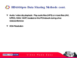 HD4000pro Data Sharing Methods cont. Audio / video clip playback:  Play audio files (MP3) or movie files (AVI, MPEG, WMV, WMF) located on the PC/network during a live videoconference XGA Resolution 