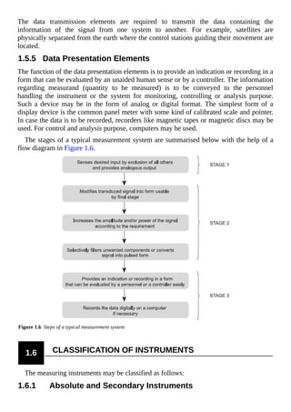 The data transmission elements are required to transmit the data containing the
information of the signal from one system to another. For example, satellites are
physically separated from the earth where the control stations guiding their movement are
located.
1.5.5 Data Presentation Elements
The function of the data presentation elements is to provide an indication or recording in a
form that can be evaluated by an unaided human sense or by a controller. The information
regarding measurand (quantity to be measured) is to be conveyed to the personnel
handling the instrument or the system for monitoring, controlling or analysis purpose.
Such a device may be in the form of analog or digital format. The simplest form of a
display device is the common panel meter with some kind of calibrated scale and pointer.
In case the data is to be recorded, recorders like magnetic tapes or magnetic discs may be
used. For control and analysis purpose, computers may be used.
The stages of a typical measurement system are summarised below with the help of a
flow diagram in Figure 1.6.
Figure 1.6 Steps of a typical measurement system
1.6 CLASSIFICATION OF INSTRUMENTS
The measuring instruments may be classified as follows:
1.6.1 Absolute and Secondary Instruments
 