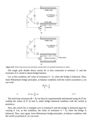 Figure 4.24 Varley loop test for (a) earth fault, and (b) short-circuit fault localisation in cables
The single pole double throw switch Sw is first connected to terminal ‘a’ and the
resistance S is varied to obtain bridge balance.
Let, at this condition, the value of resistance S = S1 when the bridge is balanced. Thus,
from Wheatstone bridge principles, at balance condition with the switch at position a, we
can write
The total loop resistance (R + X) can thus be experimentally determined using (4.27) by
reading the values of P, Q and S1 under bridge balanced condition with the switch at
position a.
Now, the switch Sw is changed over to terminal b and the bridge is balanced again by
varying S. Let, at this condition, the value of resistance S = S2 when the bridge is
balanced. Thus, once again, from Wheatstone bridge principles, at balance condition with
the switch at position b, we can write
 