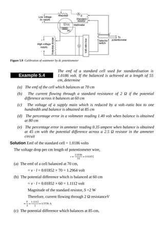 Figure 5.9 Calibration of wattmeter by dc potentiometer
Example 5.4
The emf of a standard cell used for standardisation is
1.0186 volt. If the balanced is achieved at a length of 55
cm, determine
(a) The emf of the cell which balances at 70 cm
(b) The current flowing through a standard resistance of 2 Ω if the potential
difference across it balances at 60 cm
(c) The voltage of a supply main which is reduced by a volt–ratio box to one
hundredth and balance is obtained at 85 cm
(d) The percentage error in a voltmeter reading 1.40 volt when balance is obtained
at 80 cm
(e) The percentage error in ammeter reading 0.35 ampere when balance is obtained
at 45 cm with the potential difference across a 2.5 Ω resistor in the ammeter
circuit
Solution Emf of the standard cell = 1.0186 volts
The voltage drop per cm length of potentiometer wire,
(a) The emf of a cell balanced at 70 cm,
= v · l = 0.01852 × 70 = 1.2964 volt
(b) The potential difference which is balanced at 60 cm
= v · l = 0.01852 × 60 = 1.1112 volt
Magnitude of the standard resistor, S =2 W
Therefore, current flowing through 2 Ω resistanceV
(c) The potential difference which balances at 85 cm,
 