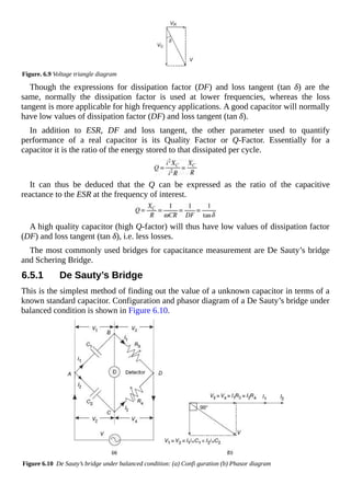 Figure. 6.9 Voltage triangle diagram
Though the expressions for dissipation factor (DF) and loss tangent (tan δ) are the
same, normally the dissipation factor is used at lower frequencies, whereas the loss
tangent is more applicable for high frequency applications. A good capacitor will normally
have low values of dissipation factor (DF) and loss tangent (tan δ).
In addition to ESR, DF and loss tangent, the other parameter used to quantify
performance of a real capacitor is its Quality Factor or Q-Factor. Essentially for a
capacitor it is the ratio of the energy stored to that dissipated per cycle.
It can thus be deduced that the Q can be expressed as the ratio of the capacitive
reactance to the ESR at the frequency of interest.
A high quality capacitor (high Q-factor) will thus have low values of dissipation factor
(DF) and loss tangent (tan δ), i.e. less losses.
The most commonly used bridges for capacitance measurement are De Sauty’s bridge
and Schering Bridge.
6.5.1 De Sauty’s Bridge
This is the simplest method of finding out the value of a unknown capacitor in terms of a
known standard capacitor. Configuration and phasor diagram of a De Sauty’s bridge under
balanced condition is shown in Figure 6.10.
Figure 6.10 De Sauty’s bridge under balanced condition: (a) Confi guration (b) Phasor diagram
 