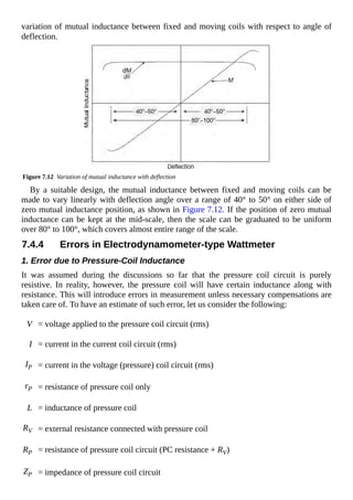 variation of mutual inductance between fixed and moving coils with respect to angle of
deflection.
Figure 7.12 Variation of mutual inductance with deflection
By a suitable design, the mutual inductance between fixed and moving coils can be
made to vary linearly with deflection angle over a range of 40° to 50° on either side of
zero mutual inductance position, as shown in Figure 7.12. If the position of zero mutual
inductance can be kept at the mid-scale, then the scale can be graduated to be uniform
over 80° to 100°, which covers almost entire range of the scale.
7.4.4 Errors in Electrodynamometer-type Wattmeter
1. Error due to Pressure-Coil Inductance
It was assumed during the discussions so far that the pressure coil circuit is purely
resistive. In reality, however, the pressure coil will have certain inductance along with
resistance. This will introduce errors in measurement unless necessary compensations are
taken care of. To have an estimate of such error, let us consider the following:
V = voltage applied to the pressure coil circuit (rms)
I = current in the current coil circuit (rms)
IP = current in the voltage (pressure) coil circuit (rms)
rP = resistance of pressure coil only
L = inductance of pressure coil
RV = external resistance connected with pressure coil
RP = resistance of pressure coil circuit (PC resistance + RV)
ZP = impedance of pressure coil circuit
 