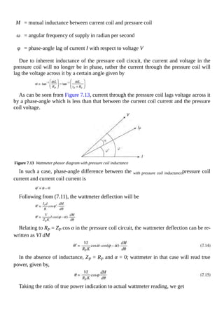 M = mutual inductance between current coil and pressure coil
ω = angular frequency of supply in radian per second
φ = phase-angle lag of current I with respect to voltage V
Due to inherent inductance of the pressure coil circuit, the current and voltage in the
pressure coil will no longer be in phase, rather the current through the pressure coil will
lag the voltage across it by a certain angle given by
As can be seen from Figure 7.13, current through the pressure coil lags voltage across it
by a phase-angle which is less than that between the current coil current and the pressure
coil voltage.
Figure 7.13 Wattmeter phasor diagram with pressure coil inductance
In such a case, phase-angle difference between the with pressure coil inductancepressure coil
current and current coil current is
Following from (7.11), the wattmeter deflection will be
Relating to RP = ZP cos α in the pressure coil circuit, the wattmeter deflection can be re-
written as VI dM
In the absence of inductance, ZP = RP and α = 0; wattmeter in that case will read true
power, given by,
Taking the ratio of true power indication to actual wattmeter reading, we get
 