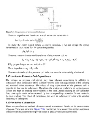 Figure 7.15 Compensation for pressure coil inductance
The total impedance of the circuit in such a case can be written as
To make the entire circuit behave as purely resistive, if we can design the circuit
parameters in such a case that for power frequencies
w2C 2r2 << 1
Then we can re-write the total impedance of the pressure coil as
ZP = (rp + RV – r) + jwL + r – jwCr2 = rP + RV + jw(L – Cr2)
If by proper design, we can make L = Cr2
Then, impedance = rp + RV = RP
Thus error introduced due pressure coil inductance can be substantially eliminated.
3. Error due to Pressure Coil Capacitance
The voltage, or pressure coil circuit may have inherent capacitance in addition to
inductance. This capacitance effect is mainly due to inter-turn capacitance of the winding
and external series resistance. The effect of stray capacitance of the pressure coil is
opposite to that due to inductance. Therefore, the wattmeter reads low on lagging power
factors and high on leading power factors of the load. Actual reading of the wattmeter,
thus, once again needs to be corrected by the corresponding correction factors to obtain
the true reading. The effect of capacitance (as well as inductance) varies with variable
frequency of the supply.
4. Error due to Connection
There are two alternate methods of connection of wattmeter to the circuit for measurement
of power. These are shown in Figure 7.16. In either of these connection modes, errors are
introduced in measurement due power losses in pressure coil and current coil.
 