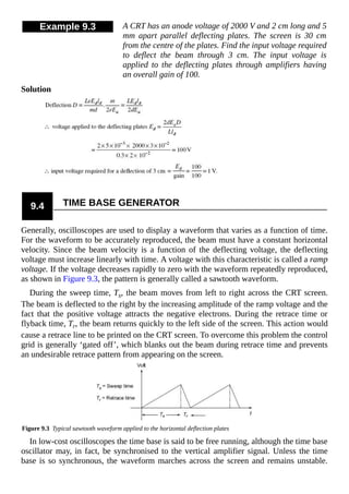 Example 9.3 A CRT has an anode voltage of 2000 V and 2 cm long and 5
mm apart parallel deflecting plates. The screen is 30 cm
from the centre of the plates. Find the input voltage required
to deflect the beam through 3 cm. The input voltage is
applied to the deflecting plates through amplifiers having
an overall gain of 100.
Solution
9.4 TIME BASE GENERATOR
Generally, oscilloscopes are used to display a waveform that varies as a function of time.
For the waveform to be accurately reproduced, the beam must have a constant horizontal
velocity. Since the beam velocity is a function of the deflecting voltage, the deflecting
voltage must increase linearly with time. A voltage with this characteristic is called a ramp
voltage. If the voltage decreases rapidly to zero with the waveform repeatedly reproduced,
as shown in Figure 9.3, the pattern is generally called a sawtooth waveform.
During the sweep time, Ts, the beam moves from left to right across the CRT screen.
The beam is deflected to the right by the increasing amplitude of the ramp voltage and the
fact that the positive voltage attracts the negative electrons. During the retrace time or
flyback time, Tr, the beam returns quickly to the left side of the screen. This action would
cause a retrace line to be printed on the CRT screen. To overcome this problem the control
grid is generally ‘gated off’, which blanks out the beam during retrace time and prevents
an undesirable retrace pattern from appearing on the screen.
Figure 9.3 Typical sawtooth waveform applied to the horizontal deflection plates
In low-cost oscilloscopes the time base is said to be free running, although the time base
oscillator may, in fact, be synchronised to the vertical amplifier signal. Unless the time
base is so synchronous, the waveform marches across the screen and remains unstable.
 