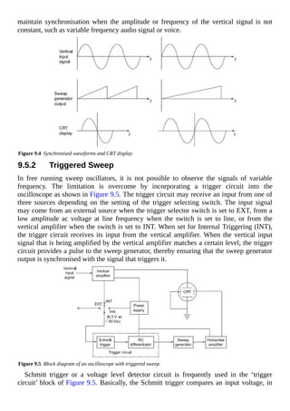 maintain synchronisation when the amplitude or frequency of the vertical signal is not
constant, such as variable frequency audio signal or voice.
Figure 9.4 Synchronised waveforms and CRT display
9.5.2 Triggered Sweep
In free running sweep oscillators, it is not possible to observe the signals of variable
frequency. The limitation is overcome by incorporating a trigger circuit into the
oscilloscope as shown in Figure 9.5. The trigger circuit may receive an input from one of
three sources depending on the setting of the trigger selecting switch. The input signal
may come from an external source when the trigger selector switch is set to EXT, from a
low amplitude ac voltage at line frequency when the switch is set to line, or from the
vertical amplifier when the switch is set to INT. When set for Internal Triggering (INT),
the trigger circuit receives its input from the vertical amplifier. When the vertical input
signal that is being amplified by the vertical amplifier matches a certain level, the trigger
circuit provides a pulse to the sweep generator, thereby ensuring that the sweep generator
output is synchronised with the signal that triggers it.
Figure 9.5 Block diagram of an oscilloscope with triggered sweep.
Schmitt trigger or a voltage level detector circuit is frequently used in the ‘trigger
circuit’ block of Figure 9.5. Basically, the Schmitt trigger compares an input voltage, in
 
