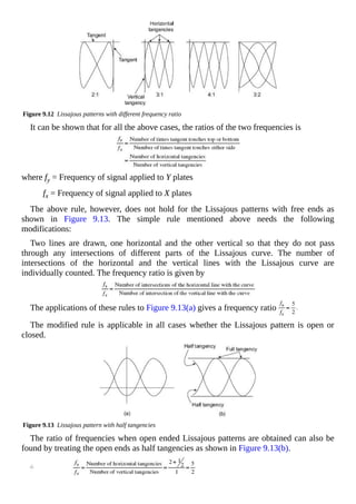 Figure 9.12 Lissajous patterns with different frequency ratio
It can be shown that for all the above cases, the ratios of the two frequencies is
where fy = Frequency of signal applied to Y plates
fx = Frequency of signal applied to X plates
The above rule, however, does not hold for the Lissajous patterns with free ends as
shown in Figure 9.13. The simple rule mentioned above needs the following
modifications:
Two lines are drawn, one horizontal and the other vertical so that they do not pass
through any intersections of different parts of the Lissajous curve. The number of
intersections of the horizontal and the vertical lines with the Lissajous curve are
individually counted. The frequency ratio is given by
The applications of these rules to Figure 9.13(a) gives a frequency ratio
The modified rule is applicable in all cases whether the Lissajous pattern is open or
closed.
Figure 9.13 Lissajous pattern with half tangencies
The ratio of frequencies when open ended Lissajous patterns are obtained can also be
found by treating the open ends as half tangencies as shown in Figure 9.13(b).
 
