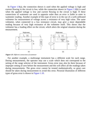 In Figure 1.9(a), the connection shown is used when the applied voltage is high and
current flowing in the circuit is low, while the connection shown in Figure 1.9(b) is used
when the applied voltage is low and current flowing in the circuit is high. If these
connections of wattmeter are used in opposite order then an error is liable to enter in
wattmeter reading. Another example of this type of error is in the use of a well-calibrated
voltmeter for measurement of voltage across a resistance of very high value. The same
voltmeter, when connected in a low resistance circuit, may give a more dependable
reading because of very high resistance of the voltmeter itself. This shows that the
voltmeter has a loading effect on the circuit, which alters the original situation during the
measurement.
Figure 1.9 Different connections of wattmeter
For another example, a multirange instrument has a different scale for each range.
During measurements, the operator may use a scale which does not correspond to the
setting of the range selector of the instrument. Gross error may also be there because of
improper setting of zero before the measurement and this will affect all the readings taken
during measurements. The gross error cannot be treated mathematically, so great care
should be taken during measurement to avoid this error. Pictorial illustration of different
types of gross error is shown in Figure 1.10.
 