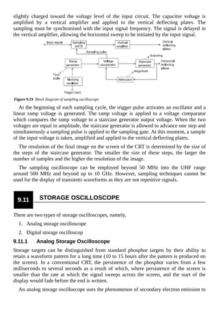 slightly charged toward the voltage level of the input circuit. The capacitor voltage is
amplified by a vertical amplifier and applied to the vertical deflecting plates. The
sampling must be synchronised with the input signal frequency. The signal is delayed in
the vertical amplifier, allowing the horizontal sweep to be initiated by the input signal.
Figure 9.19 Block diagram of sampling oscilloscope
At the beginning of each sampling cycle, the trigger pulse activates an oscillator and a
linear ramp voltage is generated. The ramp voltage is applied to a voltage comparator
which compares the ramp voltage to a staircase generator output voltage. When the two
voltages are equal in amplitude, the staircase generator is allowed to advance one step and
simultaneously a sampling pulse is applied to the sampling gate. At this moment, a sample
of the input voltage is taken, amplified and applied to the vertical deflecting plates.
The resolution of the final image on the screen of the CRT is determined by the size of
the steps of the staircase generator. The smaller the size of these steps, the larger the
number of samples and the higher the resolution of the image.
The sampling oscilloscope can be employed beyond 50 MHz into the UHF range
around 500 MHz and beyond up to 10 GHz. However, sampling techniques cannot be
used for the display of transients waveforms as they are not repetitive signals.
9.11 STORAGE OSCILLOSCOPE
There are two types of storage oscilloscopes, namely,
1. Analog storage oscilloscope
2. Digital storage oscilloscop
9.11.1 Analog Storage Oscilloscope
Storage targets can be distinguished from standard phosphor targets by their ability to
retain a waveform pattern for a long time (10 to 15 hours after the pattern is produced on
the screen). In a conventional CRT, the persistence of the phosphor varies from a few
milliseconds to several seconds as a result of which, where persistence of the screen is
smaller than the rate at which the signal sweeps across the screen, and the start of the
display would fade before the end is written.
An analog storage oscilloscope uses the phenomenon of secondary electron emission to
 