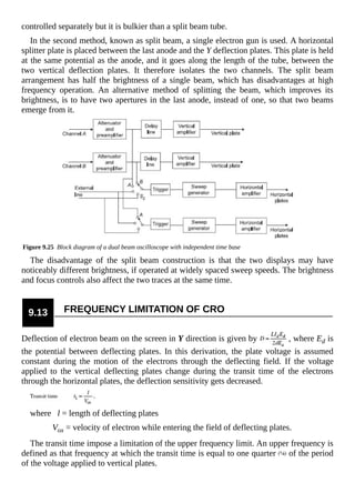 controlled separately but it is bulkier than a split beam tube.
In the second method, known as split beam, a single electron gun is used. A horizontal
splitter plate is placed between the last anode and the Y deflection plates. This plate is held
at the same potential as the anode, and it goes along the length of the tube, between the
two vertical deflection plates. It therefore isolates the two channels. The split beam
arrangement has half the brightness of a single beam, which has disadvantages at high
frequency operation. An alternative method of splitting the beam, which improves its
brightness, is to have two apertures in the last anode, instead of one, so that two beams
emerge from it.
Figure 9.25 Block diagram of a dual beam oscilloscope with independent time base
The disadvantage of the split beam construction is that the two displays may have
noticeably different brightness, if operated at widely spaced sweep speeds. The brightness
and focus controls also affect the two traces at the same time.
9.13 FREQUENCY LIMITATION OF CRO
Deflection of electron beam on the screen in Y direction is given by , where Ed is
the potential between deflecting plates. In this derivation, the plate voltage is assumed
constant during the motion of the electrons through the deflecting field. If the voltage
applied to the vertical deflecting plates change during the transit time of the electrons
through the horizontal plates, the deflection sensitivity gets decreased.
where l = length of deflecting plates
Vox = velocity of electron while entering the field of deflecting plates.
The transit time impose a limitation of the upper frequency limit. An upper frequency is
defined as that frequency at which the transit time is equal to one quarter of the period
of the voltage applied to vertical plates.
 