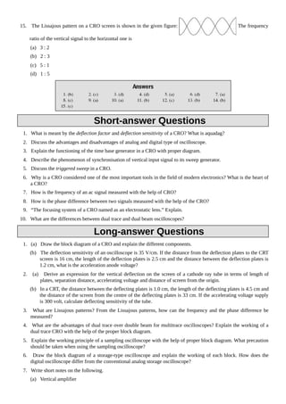 15. The Lissajous pattern on a CRO screen is shown in the given figure: The frequency
ratio of the vertical signal to the horizontal one is
(a) 3 : 2
(b) 2 : 3
(c) 5 : 1
(d) 1 : 5
Short-answer Questions
1. What is meant by the deflection factor and deflection sensitivity of a CRO? What is aquadag?
2. Discuss the advantages and disadvantages of analog and digital type of oscilloscope.
3. Explain the functioning of the time base generator in a CRO with proper diagram.
4. Describe the phenomenon of synchronisation of vertical input signal to its sweep generator.
5. Discuss the triggered sweep in a CRO.
6. Why is a CRO considered one of the most important tools in the field of modern electronics? What is the heart of
a CRO?
7. How is the frequency of an ac signal measured with the help of CRO?
8. How is the phase difference between two signals measured with the help of the CRO?
9. “The focusing system of a CRO named as an electrostatic lens.” Explain.
10. What are the differences between dual trace and dual beam oscilloscopes?
Long-answer Questions
1. (a) Draw the block diagram of a CRO and explain the different components.
(b) The deflection sensitivity of an oscilloscope is 35 V/cm. If the distance from the deflection plates to the CRT
screen is 16 cm, the length of the deflection plates is 2.5 cm and the distance between the deflection plates is
1.2 cm, what is the acceleration anode voltage?
2. (a) Derive an expression for the vertical deflection on the screen of a cathode ray tube in terms of length of
plates, separation distance, accelerating voltage and distance of screen from the origin.
(b) In a CRT, the distance between the deflecting plates is 1.0 cm, the length of the deflecting plates is 4.5 cm and
the distance of the screen from the centre of the deflecting plates is 33 cm. If the accelerating voltage supply
is 300 volt, calculate deflecting sensitivity of the tube.
3. What are Lissajous patterns? From the Lissajous patterns, how can the frequency and the phase difference be
measured?
4. What are the advantages of dual trace over double beam for multitrace oscilloscopes? Explain the working of a
dual trace CRO with the help of the proper block diagram.
5. Explain the working principle of a sampling oscilloscope with the help of proper block diagram. What precaution
should be taken when using the sampling oscilloscope?
6. Draw the block diagram of a storage-type oscilloscope and explain the working of each block. How does the
digital oscilloscope differ from the conventional analog storage oscilloscope?
7. Write short notes on the following.
(a) Vertical amplifier
 
