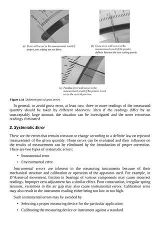 Figure 1.10 Different types of gross errors
In general, to avoid gross error, at least two, three or more readings of the measurand
quantity should be taken by different observers. Then if the readings differ by an
unacceptably large amount, the situation can be investigated and the more erroneous
readings eliminated.
2. Systematic Error
These are the errors that remain constant or change according to a definite law on repeated
measurement of the given quantity. These errors can be evaluated and their influence on
the results of measurement can be eliminated by the introduction of proper correction.
There are two types of systematic errors:
• Instrumental error
• Environmental error
Instrumental errors are inherent in the measuring instruments because of their
mechanical structure and calibration or operation of the apparatus used. For example, in
D’Arsonval movement, friction in bearings of various components may cause incorrect
readings. Improper zero adjustment has a similar effect. Poor construction, irregular spring
tensions, variations in the air gap may also cause instrumental errors. Calibration error
may also result in the instrument reading either being too low or too high.
Such instrumental errors may be avoided by
• Selecting a proper measuring device for the particular application
• Calibrating the measuring device or instrument against a standard
 