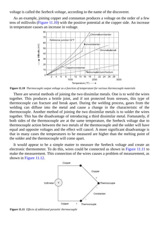 voltage is called the Seebeck voltage, according to the name of the discoverer.
As an example, joining copper and constantan produces a voltage on the order of a few
tens of millivolts (Figure 11.10) with the positive potential at the copper side. An increase
in temperature causes an increase in voltage.
Figure 11.10 Thermocouple output voltage as a function of temperature for various thermocouple materials
There are several methods of joining the two dissimilar metals. One is to weld the wires
together. This produces a brittle joint, and if not protected from stresses, this type of
thermocouple can fracture and break apart. During the welding process, gases from the
welding can diffuse into the metal and cause a change in the characteristic of the
thermocouple. Another method of joining the two dissimilar metals is to solder the wires
together. This has the disadvantage of introducing a third dissimilar metal. Fortunately, if
both sides of the thermocouple are at the same temperature, the Seebeck voltage due to
thermocouple action between the two metals of the thermocouple and the solder will have
equal and opposite voltages and the effect will cancel. A more significant disadvantage is
that in many cases the temperatures to be measured are higher than the melting point of
the solder and the thermocouple will come apart.
It would appear to be a simple matter to measure the Seebeck voltage and create an
electronic thermometer. To do this, wires could be connected as shown in Figure 11.11 to
make the measurement. This connection of the wires causes a problem of measurement, as
shown in Figure 11.12.
Figure 11.11 Effects of additional parasitic thermocouple
 