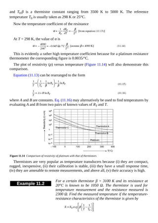 and T0.β is a thermistor constant ranging from 3500 K to 5000 K. The reference
temperature T0 is usually taken as 298 K or 25°C.
Now the temperature coefficient of the resistance
At T = 298 K, the value of α is
This is evidently a rather high temperature coefficient because for a platinum resistance
thermometer the corresponding figure is 0.0035/°C.
The plot of resistivity (ρ) versus temperature (Figure 11.14) will also demonstrate this
comparison.
Equation (11.13) can be rearranged to the form
where A and B are constants. Eq. (11.16) may alternatively be used to find temperatures by
evaluating A and B from two pairs of known values of RT and T.
Figure 11.14 Comparison of resistivity of platinum with that of thermistors
Thermistors are very popular as temperature transducers because (i) they are compact,
rugged, inexpensive, (ii) their calibration is stable, (iii) they have a small response time,
(iv) they are amenable to remote measurements, and above all, (v) their accuracy is high.
Example 11.2
For a certain thermistor β = 3100 K and its resistance at
20°C is known to be 1050 Ω. The thermistor is used for
temperature measurement and the resistance measured is
2300 Ω. Find the measured temperature if the temperature-
resistance characteristics of the thermistor is given by
 