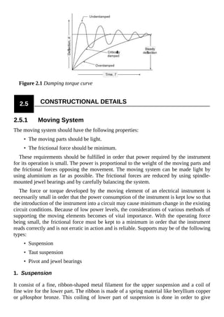 Figure 2.1 Damping torque curve
2.5 CONSTRUCTIONAL DETAILS
2.5.1 Moving System
The moving system should have the following properties:
• The moving parts should be light.
• The frictional force should be minimum.
These requirements should be fulfilled in order that power required by the instrument
for its operation is small. The power is proportional to the weight of the moving parts and
the frictional forces opposing the movement. The moving system can be made light by
using aluminium as far as possible. The frictional forces are reduced by using spindle-
mounted jewel bearings and by carefully balancing the system.
The force or torque developed by the moving element of an electrical instrument is
necessarily small in order that the power consumption of the instrument is kept low so that
the introduction of the instrument into a circuit may cause minimum change in the existing
circuit conditions. Because of low power levels, the considerations of various methods of
supporting the moving elements becomes of vital importance. With the operating force
being small, the frictional force must be kept to a minimum in order that the instrument
reads correctly and is not erratic in action and is reliable. Supports may be of the following
types:
• Suspension
• Taut suspension
• Pivot and jewel bearings
1. Suspension
It consist of a fine, ribbon-shaped metal filament for the upper suspension and a coil of
fine wire for the lower part. The ribbon is made of a spring material like beryllium copper
or μHosphor bronze. This coiling of lower part of suspension is done in order to give
 
